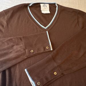 Brooks Brothers Black Fleece Cuff V-Neck Sweater Size BB2 Brown W/White & Blue